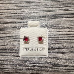 Sterling Silver Red Square Stud Earrings